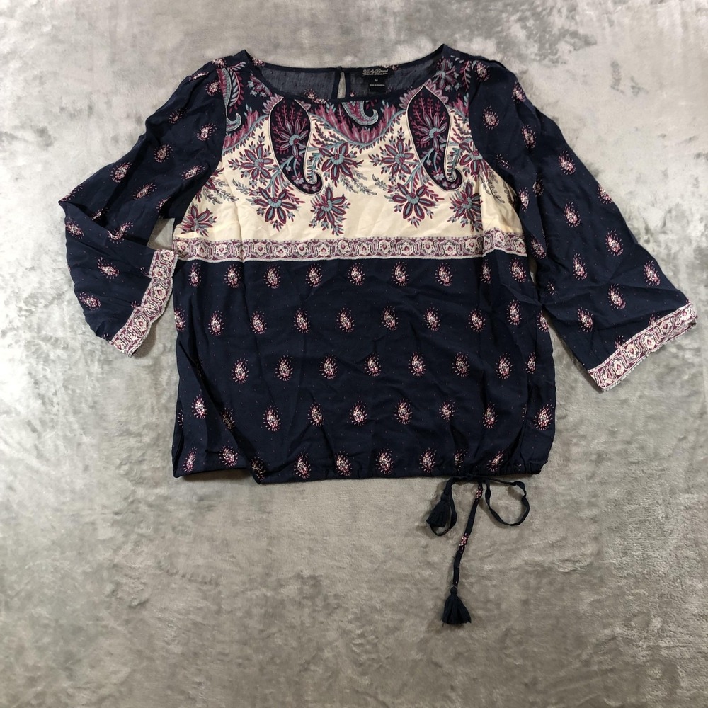 Lucky Brand Blouse Womens Medium Blue Paisley Boho 3/4 Bell Sleeve Tassel Hem